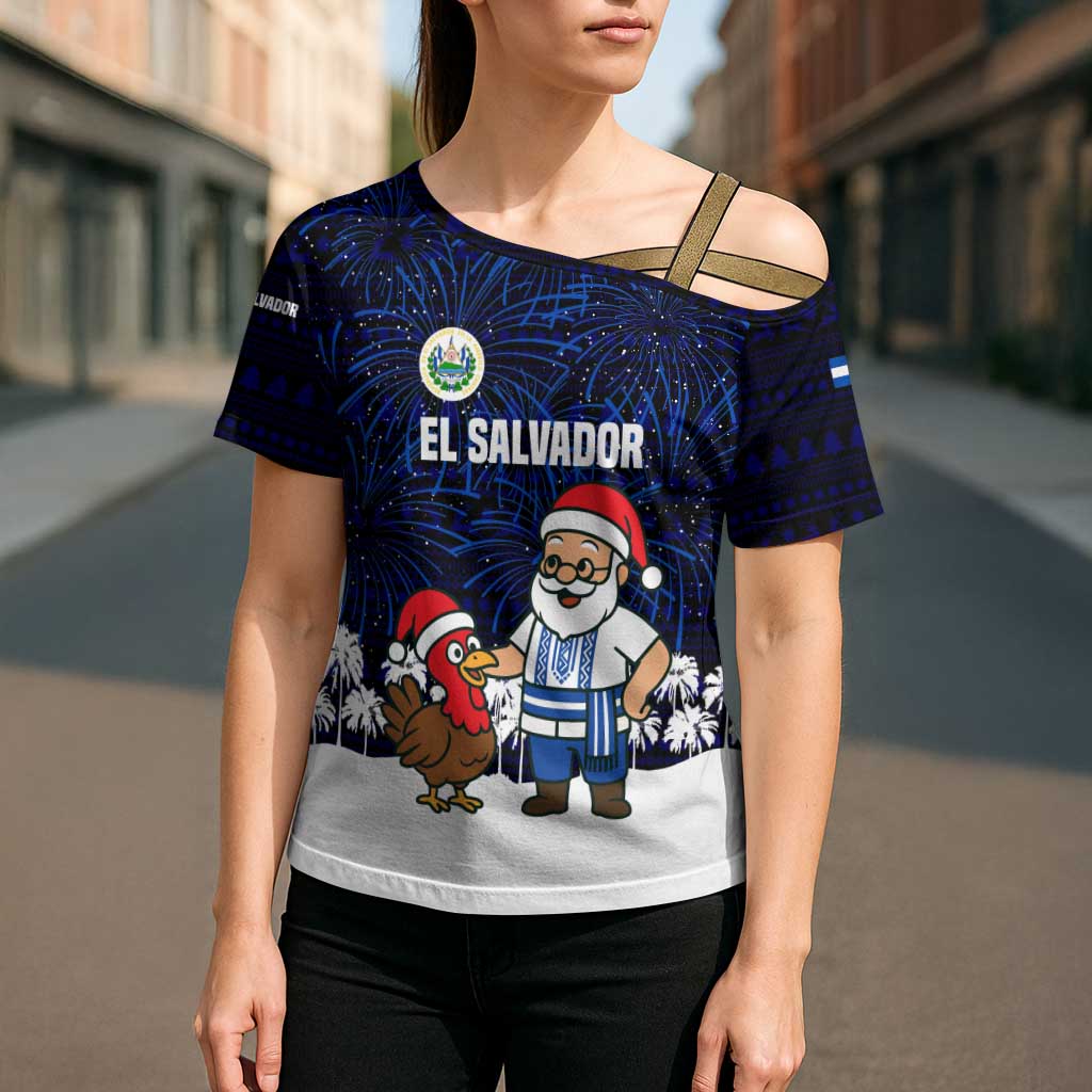 El Salvador Christmas Cross Shoulder Shirt with Santa Claus Turkey Fireworks Palm Trees and National Emblem Design - Wonder Print Shop