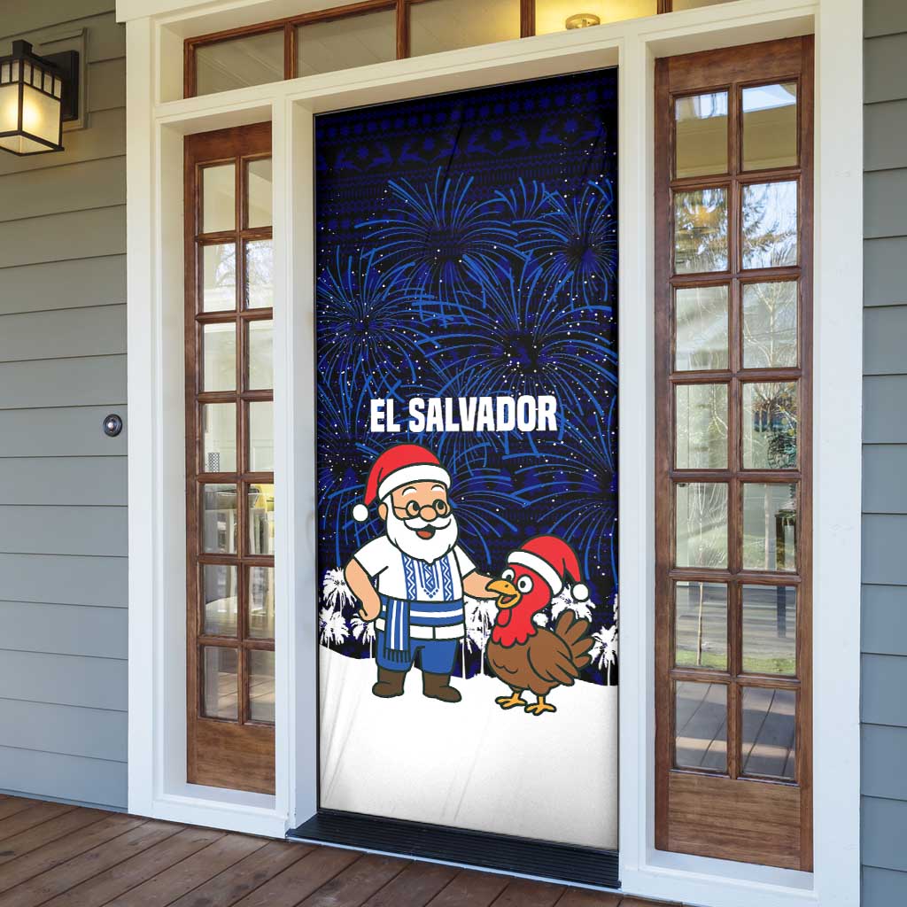 El Salvador Christmas Door Cover with Santa Claus Turkey Fireworks Palm Trees and National Emblem Design - Wonder Print Shop