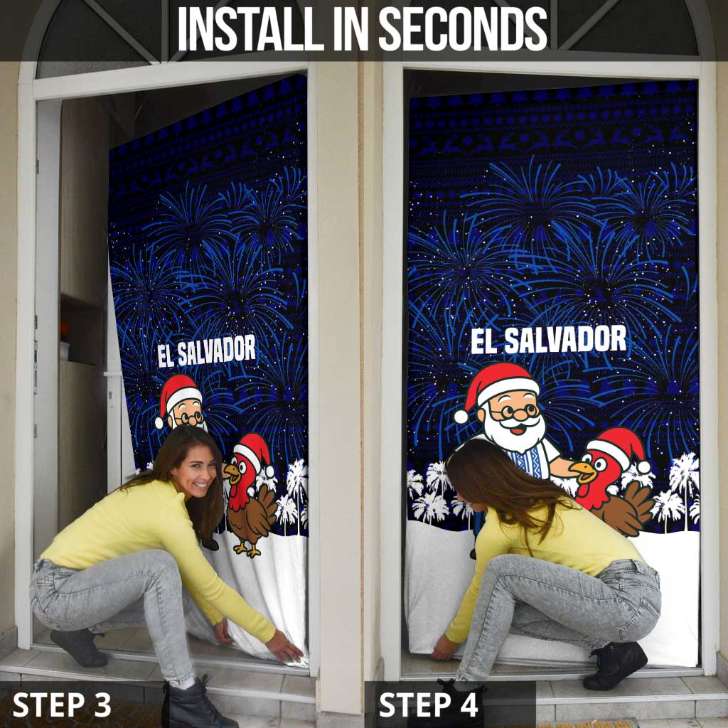 El Salvador Christmas Door Cover with Santa Claus Turkey Fireworks Palm Trees and National Emblem Design - Wonder Print Shop