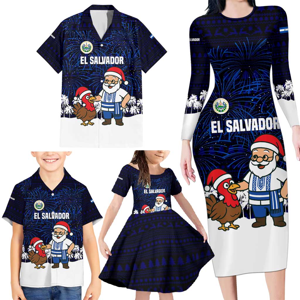 El Salvador Christmas Family Matching Long Sleeve Bodycon Dress and Hawaiian Shirt with Santa Claus Turkey Fireworks Palm Trees and National Emblem Design - Wonder Print Shop