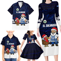 El Salvador Christmas Family Matching Long Sleeve Bodycon Dress and Hawaiian Shirt with Santa Claus Turkey Fireworks Palm Trees and National Emblem Design - Wonder Print Shop