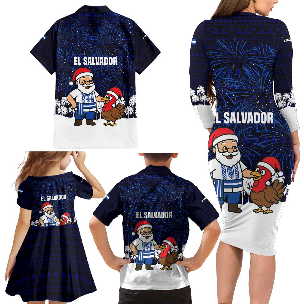 El Salvador Christmas Family Matching Long Sleeve Bodycon Dress and Hawaiian Shirt with Santa Claus Turkey Fireworks Palm Trees and National Emblem Design - Wonder Print Shop