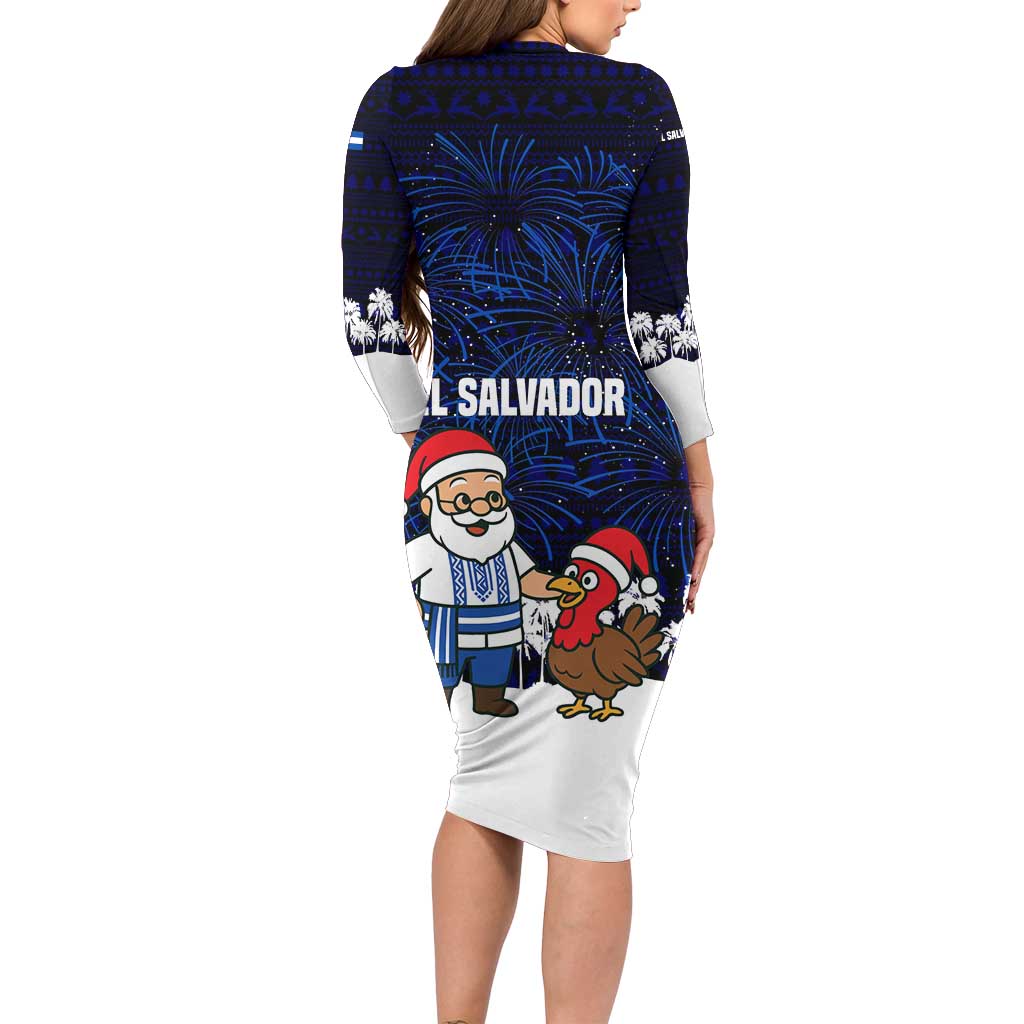 El Salvador Christmas Family Matching Long Sleeve Bodycon Dress and Hawaiian Shirt with Santa Claus Turkey Fireworks Palm Trees and National Emblem Design - Wonder Print Shop