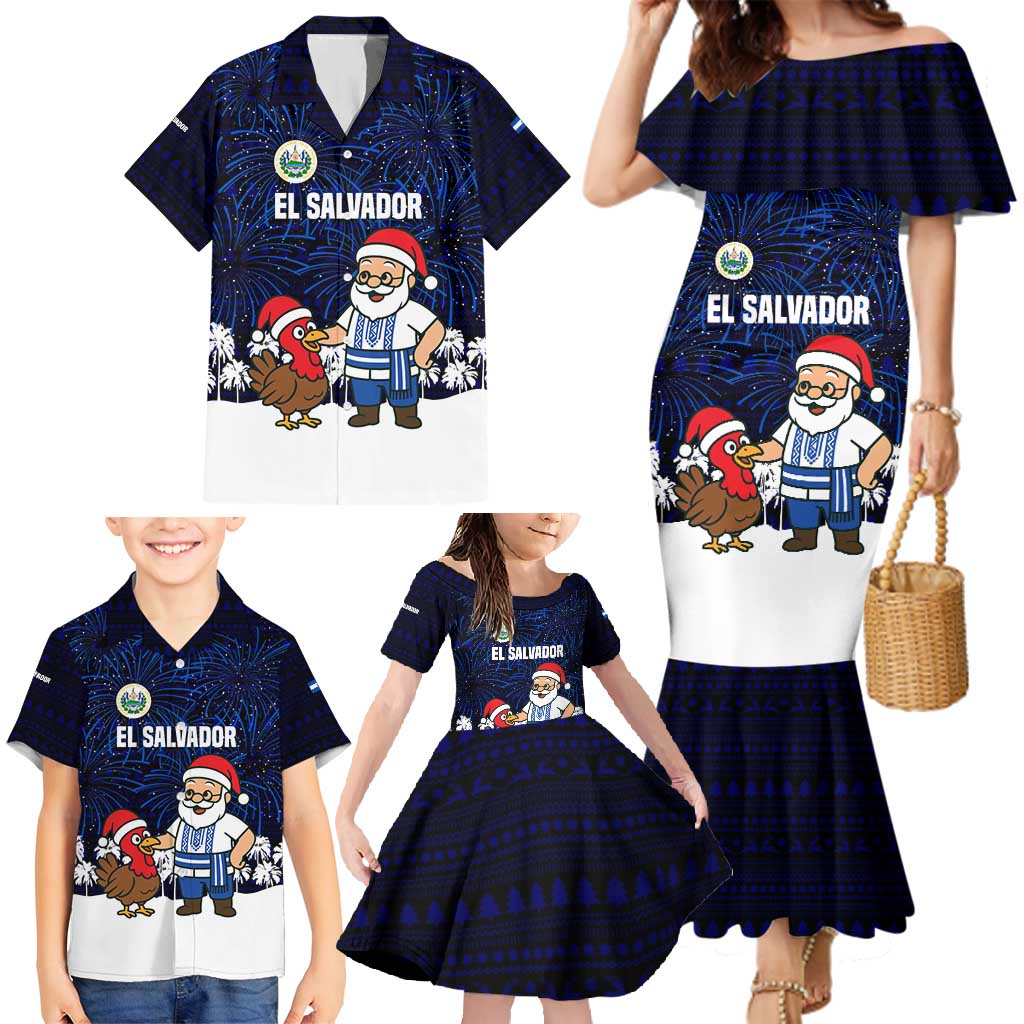 El Salvador Christmas Family Matching Mermaid Dress and Hawaiian Shirt with Santa Claus Turkey Fireworks Palm Trees and National Emblem Design - Wonder Print Shop
