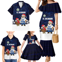 El Salvador Christmas Family Matching Mermaid Dress and Hawaiian Shirt with Santa Claus Turkey Fireworks Palm Trees and National Emblem Design - Wonder Print Shop
