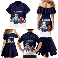 El Salvador Christmas Family Matching Mermaid Dress and Hawaiian Shirt with Santa Claus Turkey Fireworks Palm Trees and National Emblem Design - Wonder Print Shop