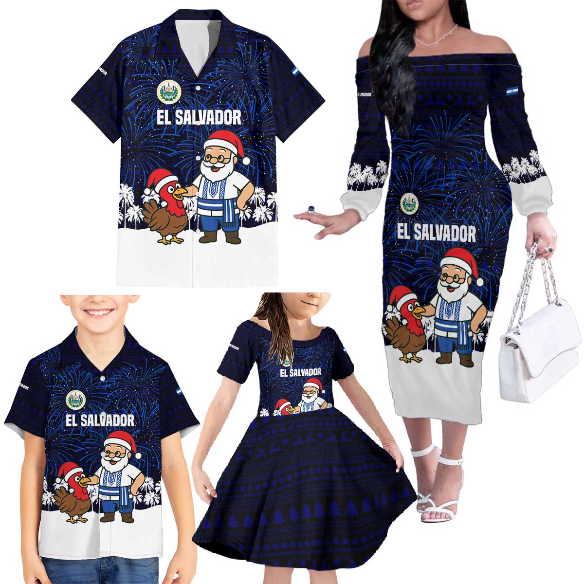 El Salvador Christmas Family Matching Off The Shoulder Long Sleeve Dress and Hawaiian Shirt with Santa Claus Turkey Fireworks Palm Trees and National Emblem Design - Wonder Print Shop
