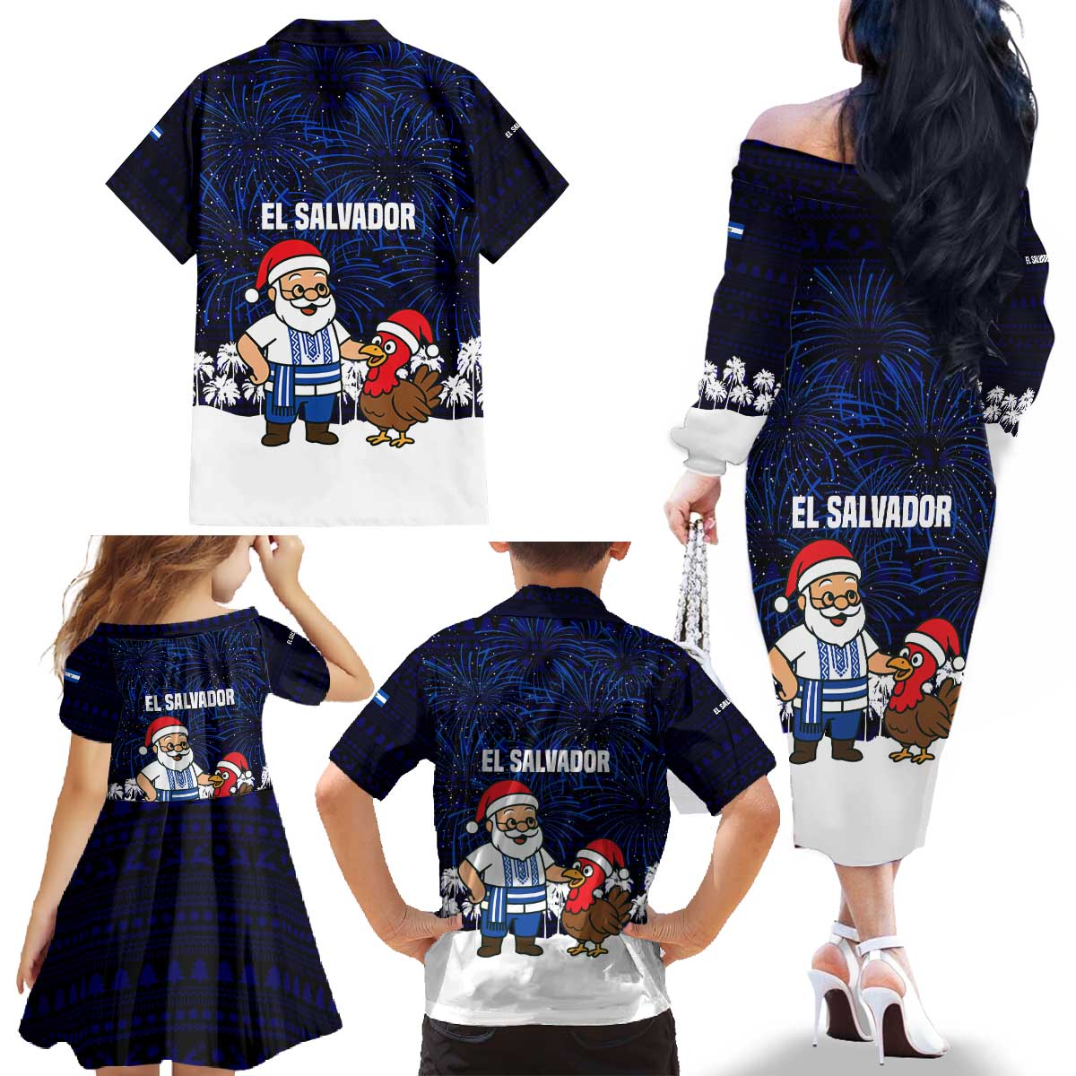 El Salvador Christmas Family Matching Off The Shoulder Long Sleeve Dress and Hawaiian Shirt with Santa Claus Turkey Fireworks Palm Trees and National Emblem Design - Wonder Print Shop
