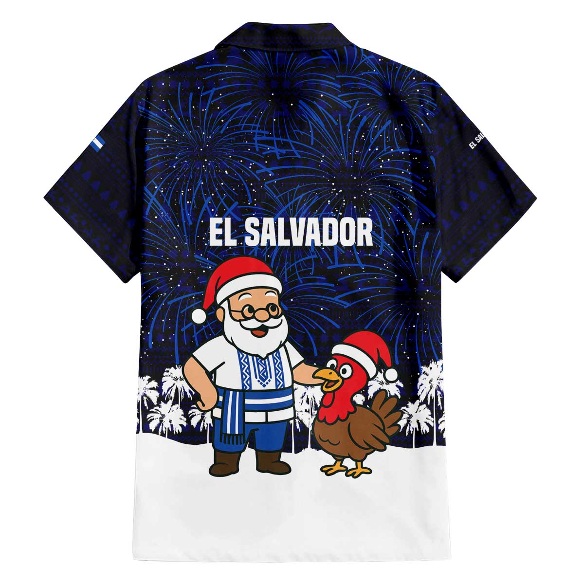 El Salvador Christmas Family Matching Off The Shoulder Long Sleeve Dress and Hawaiian Shirt with Santa Claus Turkey Fireworks Palm Trees and National Emblem Design - Wonder Print Shop
