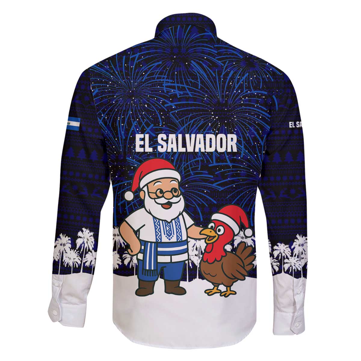 El Salvador Christmas Family Matching Off The Shoulder Long Sleeve Dress and Hawaiian Shirt with Santa Claus Turkey Fireworks Palm Trees and National Emblem Design - Wonder Print Shop