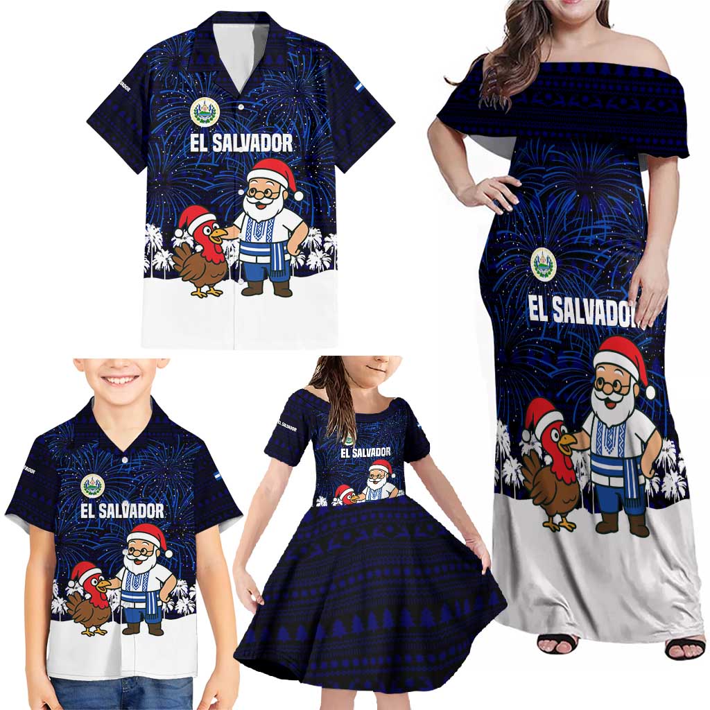 El Salvador Christmas Family Matching Off Shoulder Maxi Dress and Hawaiian Shirt with Santa Claus Turkey Fireworks Palm Trees and National Emblem Design - Wonder Print Shop