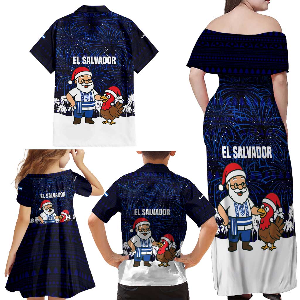 El Salvador Christmas Family Matching Off Shoulder Maxi Dress and Hawaiian Shirt with Santa Claus Turkey Fireworks Palm Trees and National Emblem Design - Wonder Print Shop