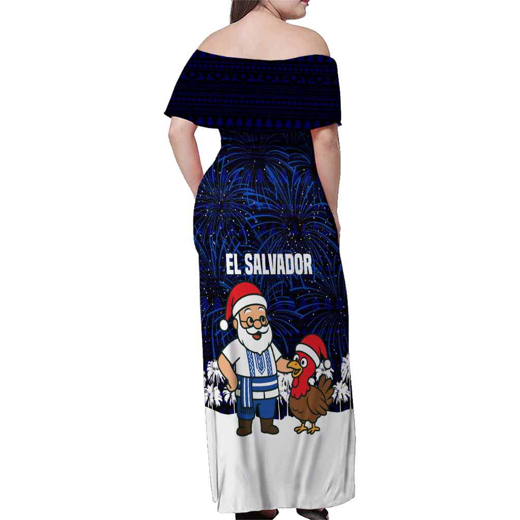 El Salvador Christmas Family Matching Off Shoulder Maxi Dress and Hawaiian Shirt with Santa Claus Turkey Fireworks Palm Trees and National Emblem Design - Wonder Print Shop