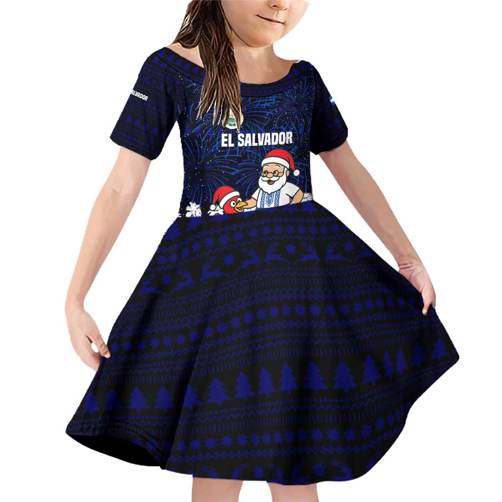 El Salvador Christmas Family Matching Off Shoulder Short Dress and Hawaiian Shirt with Santa Claus Turkey Fireworks Palm Trees and National Emblem Design - Wonder Print Shop