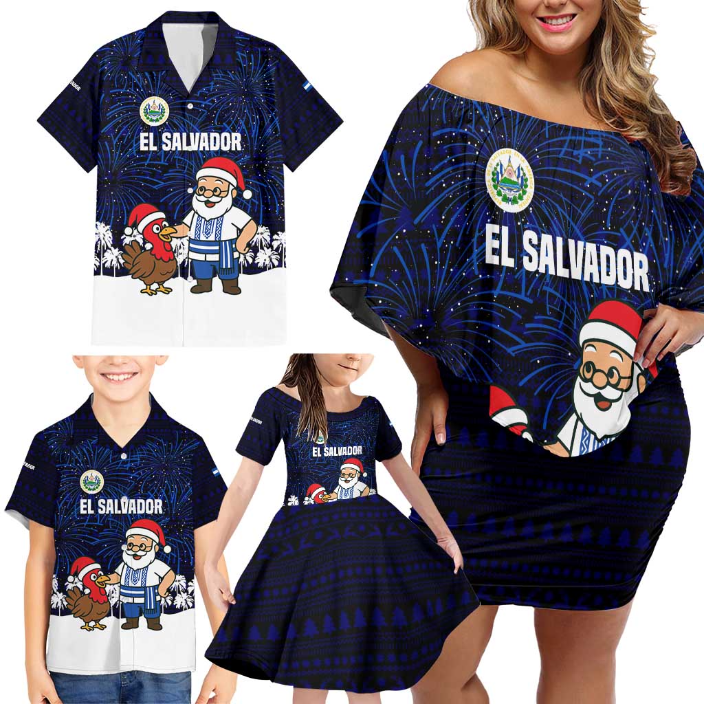 El Salvador Christmas Family Matching Off Shoulder Short Dress and Hawaiian Shirt with Santa Claus Turkey Fireworks Palm Trees and National Emblem Design - Wonder Print Shop