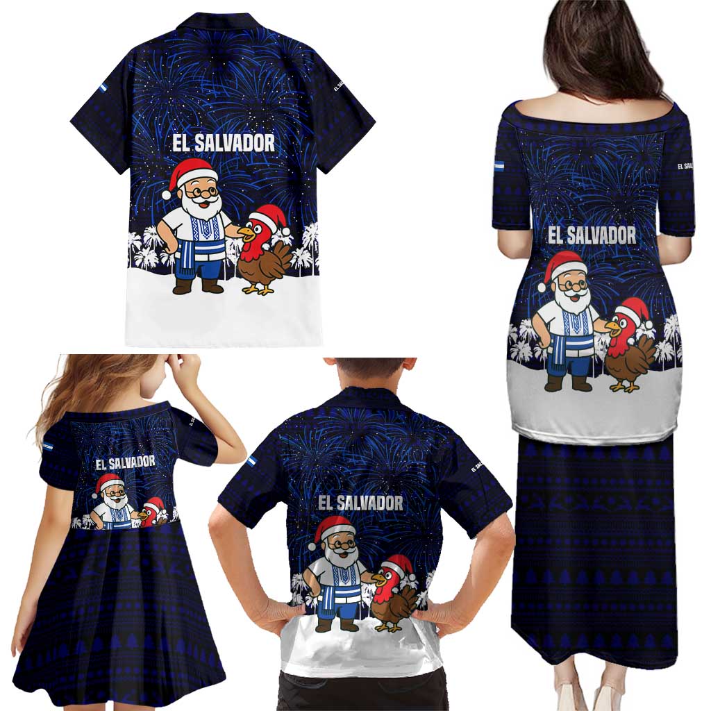 El Salvador Christmas Family Matching Puletasi and Hawaiian Shirt with Santa Claus Turkey Fireworks Palm Trees and National Emblem Design - Wonder Print Shop
