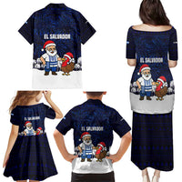 El Salvador Christmas Family Matching Puletasi and Hawaiian Shirt with Santa Claus Turkey Fireworks Palm Trees and National Emblem Design - Wonder Print Shop