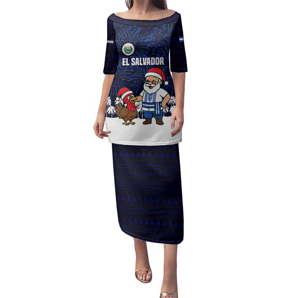 El Salvador Christmas Family Matching Puletasi and Hawaiian Shirt with Santa Claus Turkey Fireworks Palm Trees and National Emblem Design - Wonder Print Shop