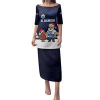 El Salvador Christmas Family Matching Puletasi and Hawaiian Shirt with Santa Claus Turkey Fireworks Palm Trees and National Emblem Design - Wonder Print Shop