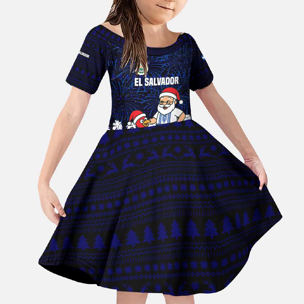 El Salvador Christmas Family Matching Short Sleeve Bodycon Dress and Hawaiian Shirt with Santa Claus Turkey Fireworks Palm Trees and National Emblem Design - Wonder Print Shop