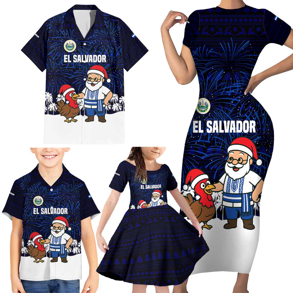El Salvador Christmas Family Matching Short Sleeve Bodycon Dress and Hawaiian Shirt with Santa Claus Turkey Fireworks Palm Trees and National Emblem Design - Wonder Print Shop