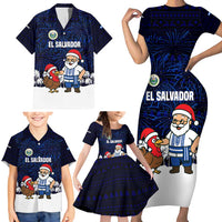 El Salvador Christmas Family Matching Short Sleeve Bodycon Dress and Hawaiian Shirt with Santa Claus Turkey Fireworks Palm Trees and National Emblem Design - Wonder Print Shop