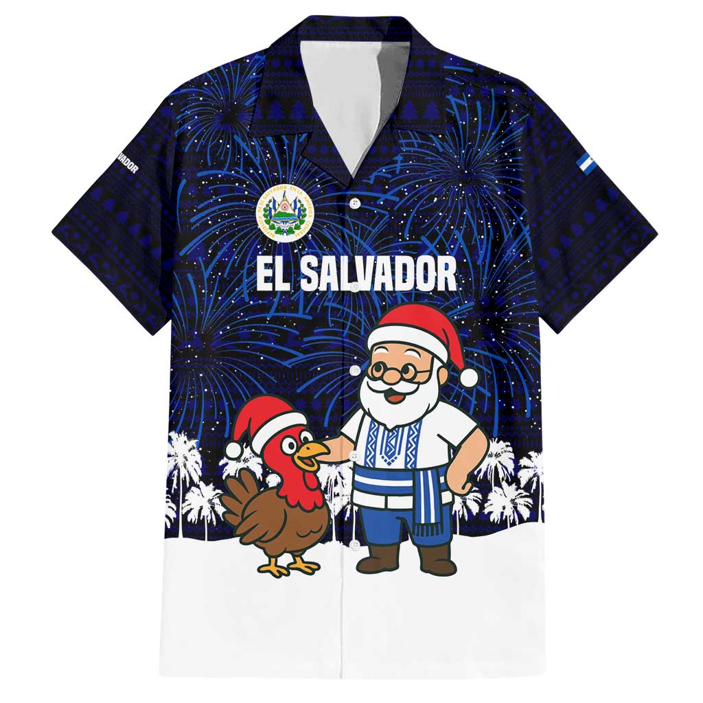 El Salvador Christmas Family Matching Short Sleeve Bodycon Dress and Hawaiian Shirt with Santa Claus Turkey Fireworks Palm Trees and National Emblem Design - Wonder Print Shop