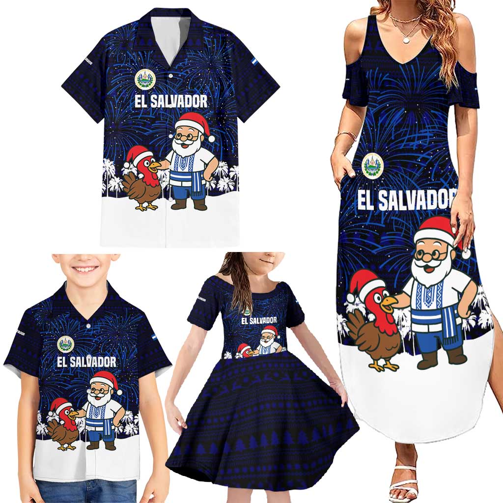 El Salvador Christmas Family Matching Summer Maxi Dress and Hawaiian Shirt with Santa Claus Turkey Fireworks Palm Trees and National Emblem Design - Wonder Print Shop