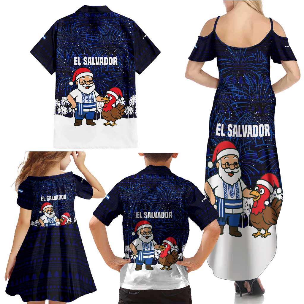 El Salvador Christmas Family Matching Summer Maxi Dress and Hawaiian Shirt with Santa Claus Turkey Fireworks Palm Trees and National Emblem Design - Wonder Print Shop