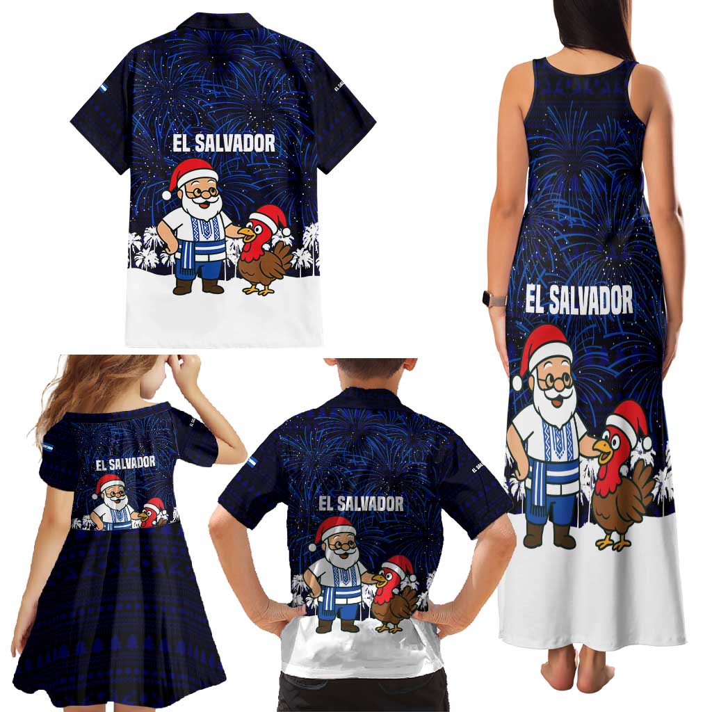 El Salvador Christmas Family Matching Tank Maxi Dress and Hawaiian Shirt with Santa Claus Turkey Fireworks Palm Trees and National Emblem Design - Wonder Print Shop