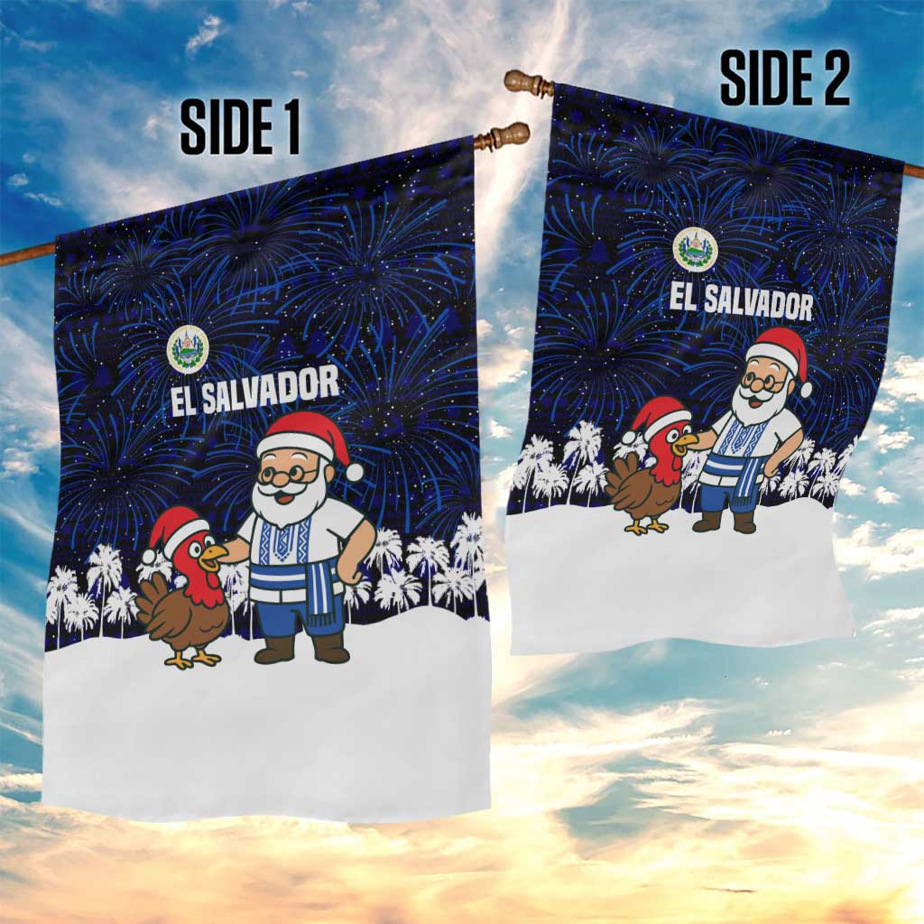 El Salvador Christmas Garden Flag with Santa Claus Turkey Fireworks Palm Trees and National Emblem Design - Wonder Print Shop
