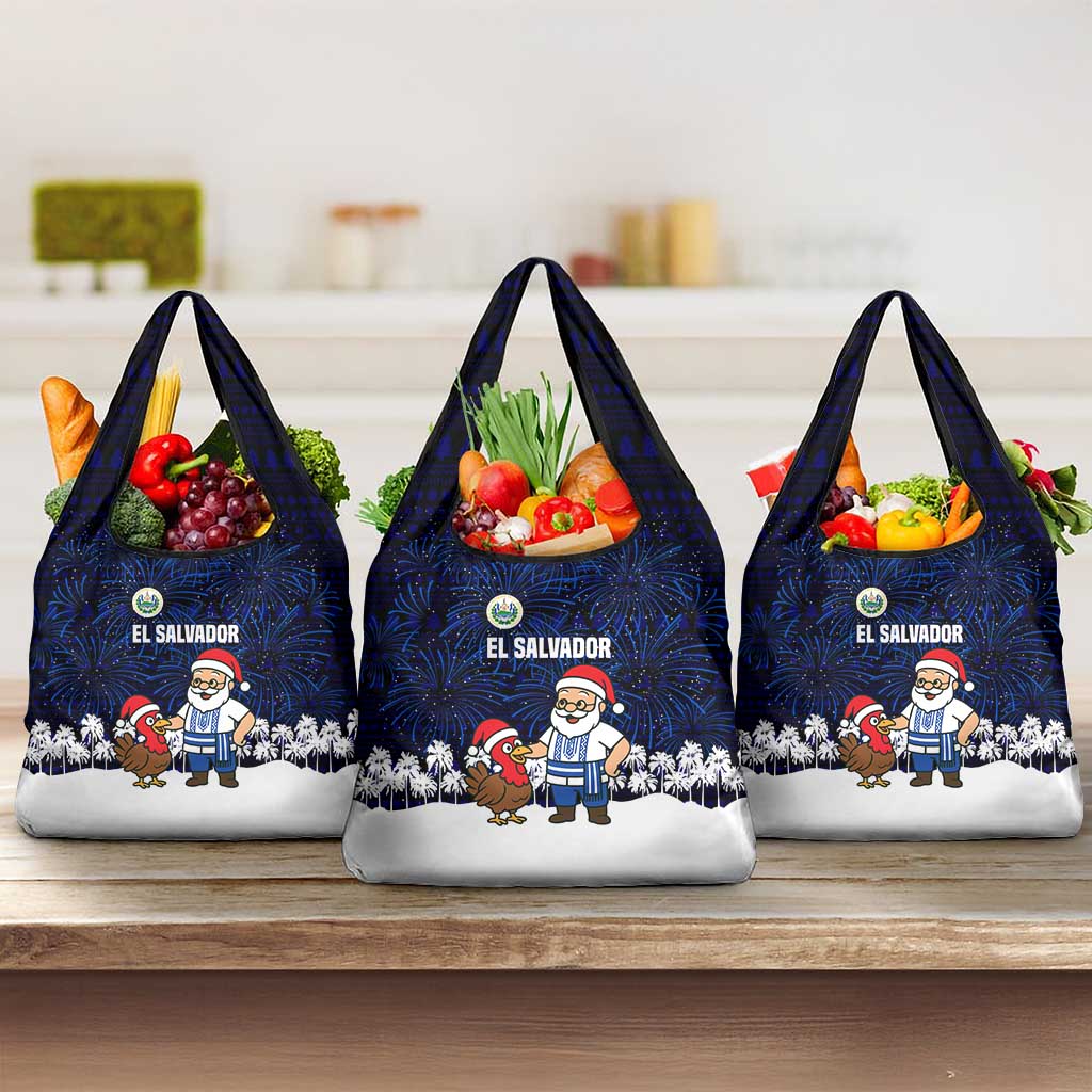 El Salvador Christmas Grocery Bag with Santa Claus Turkey Fireworks Palm Trees and National Emblem Design - Wonder Print Shop