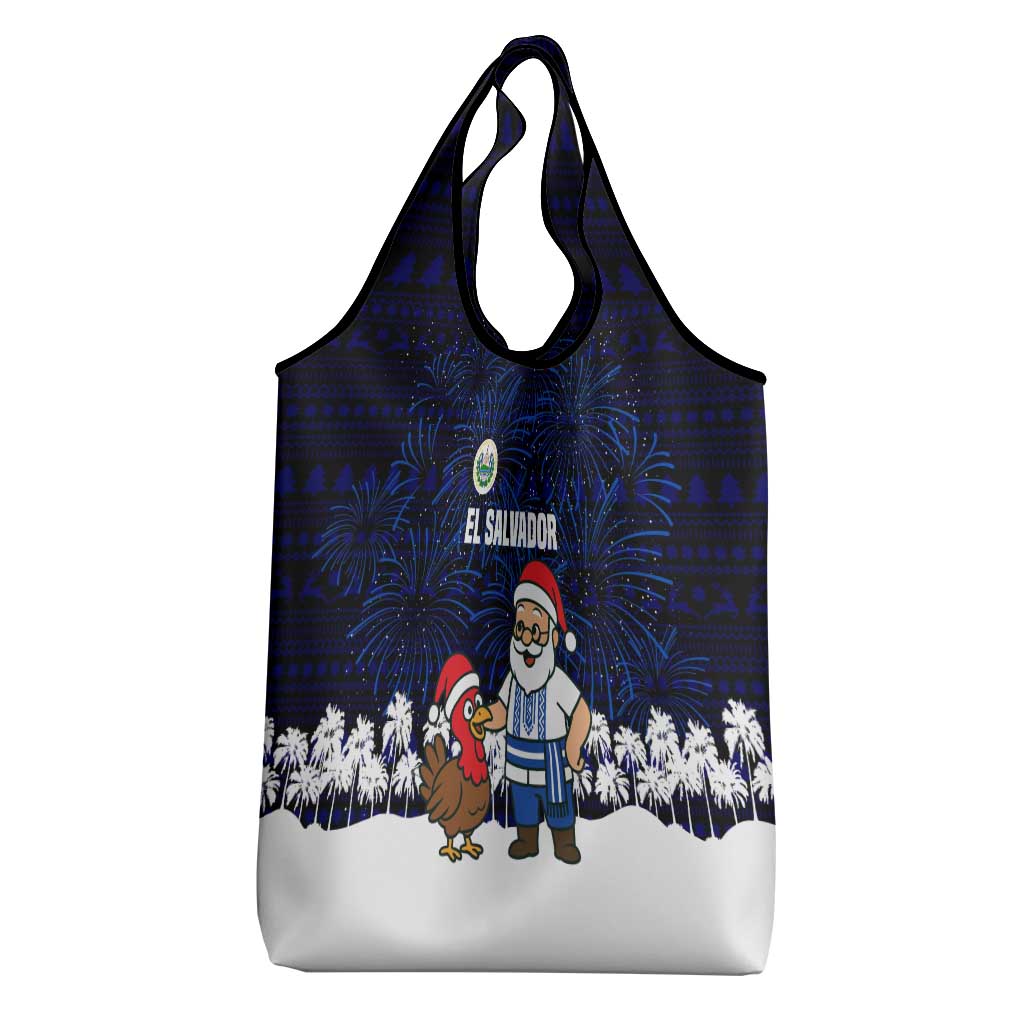 El Salvador Christmas Grocery Bag with Santa Claus Turkey Fireworks Palm Trees and National Emblem Design - Wonder Print Shop