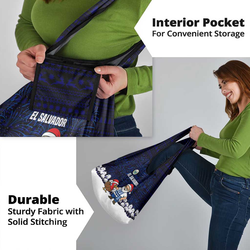 El Salvador Christmas Grocery Bag with Santa Claus Turkey Fireworks Palm Trees and National Emblem Design - Wonder Print Shop