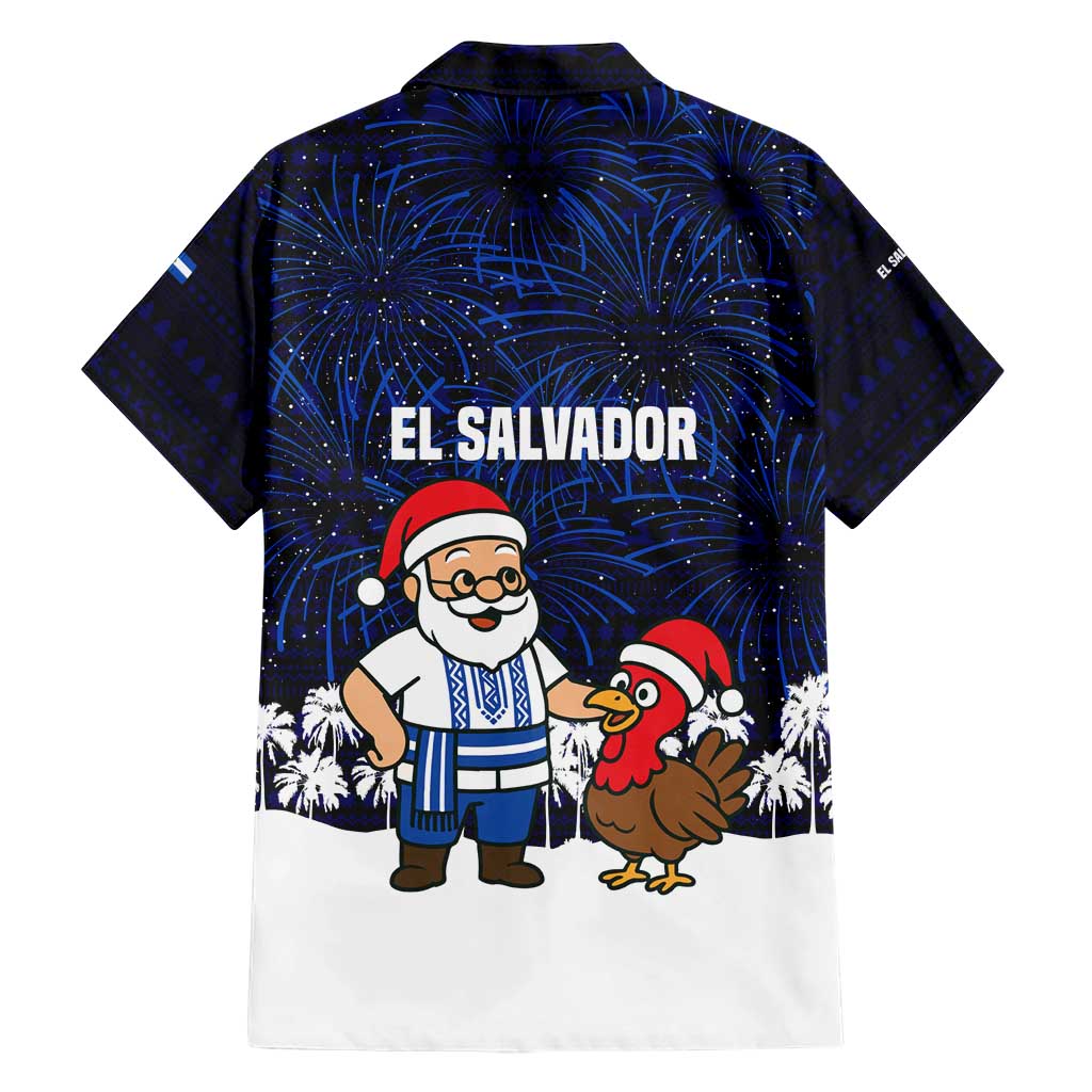 El Salvador Christmas Hawaiian Shirt with Santa Claus Turkey Fireworks Palm Trees and National Emblem Design - Wonder Print Shop