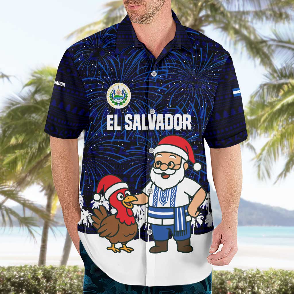 El Salvador Christmas Hawaiian Shirt with Santa Claus Turkey Fireworks Palm Trees and National Emblem Design - Wonder Print Shop
