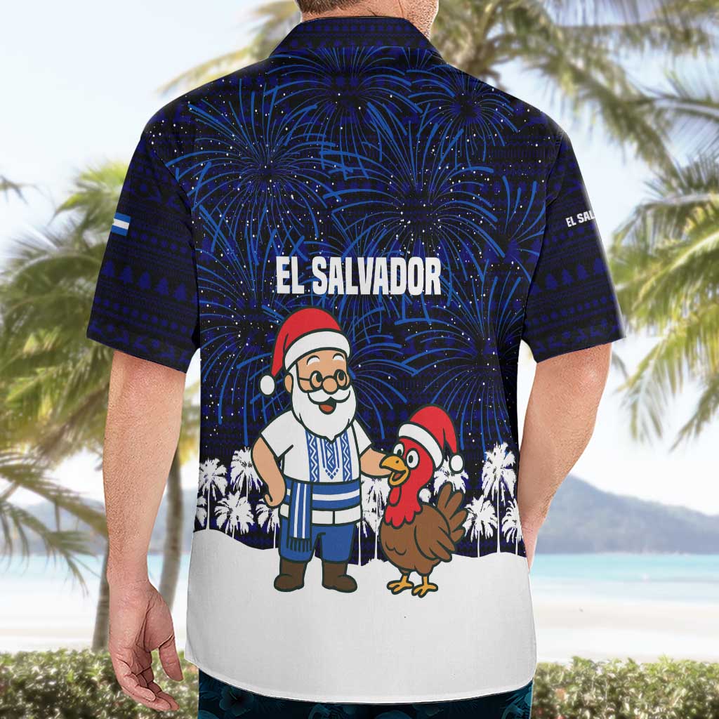 El Salvador Christmas Hawaiian Shirt with Santa Claus Turkey Fireworks Palm Trees and National Emblem Design - Wonder Print Shop