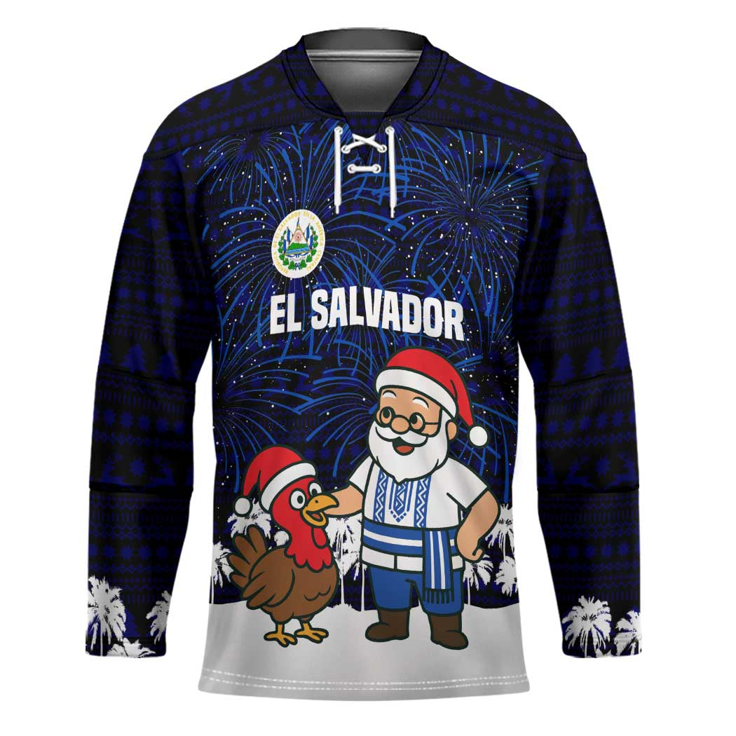 El Salvador Christmas Hockey Jersey with Santa Claus Turkey Fireworks Palm Trees and National Emblem Design - Wonder Print Shop