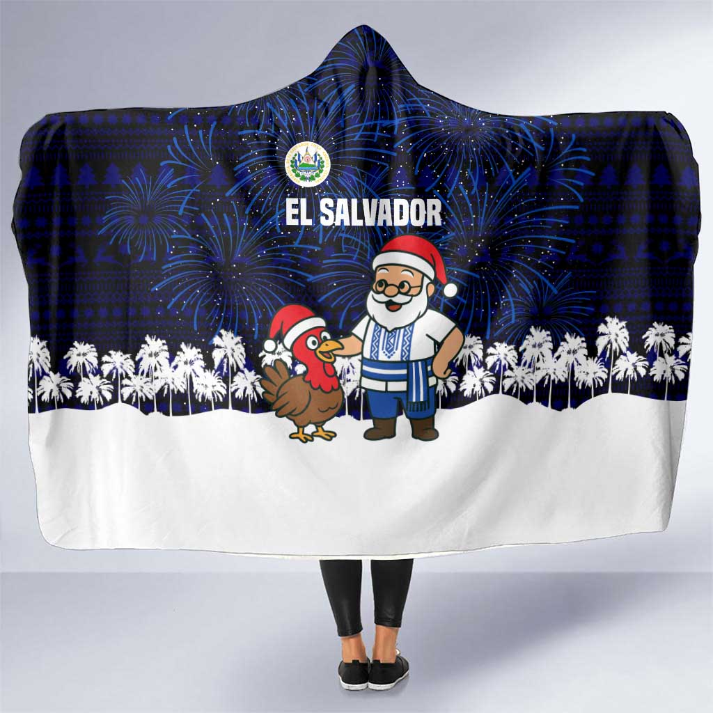 El Salvador Christmas Hooded Blanket with Santa Claus Turkey Fireworks Palm Trees and National Emblem Design - Wonder Print Shop