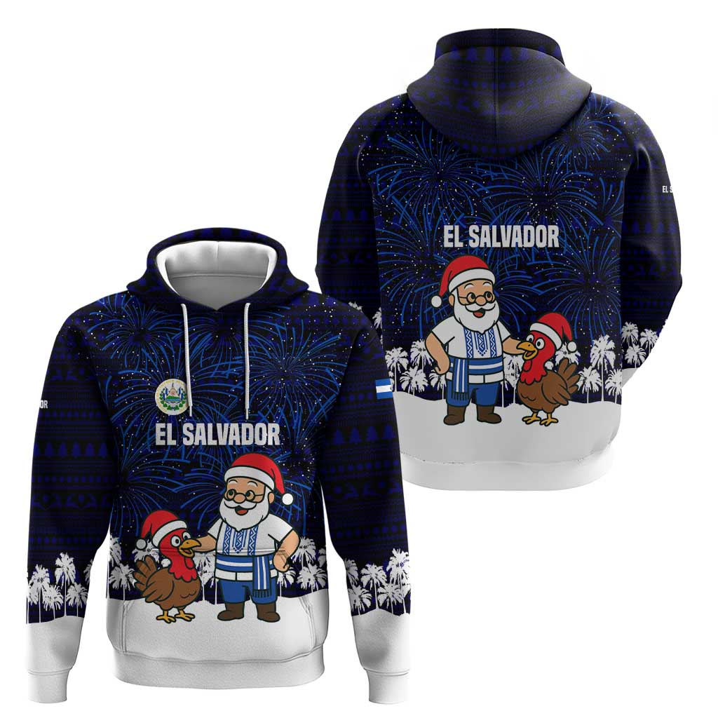 El Salvador Christmas Hoodie with Santa Claus Turkey Fireworks Palm Trees and National Emblem Design - Wonder Print Shop