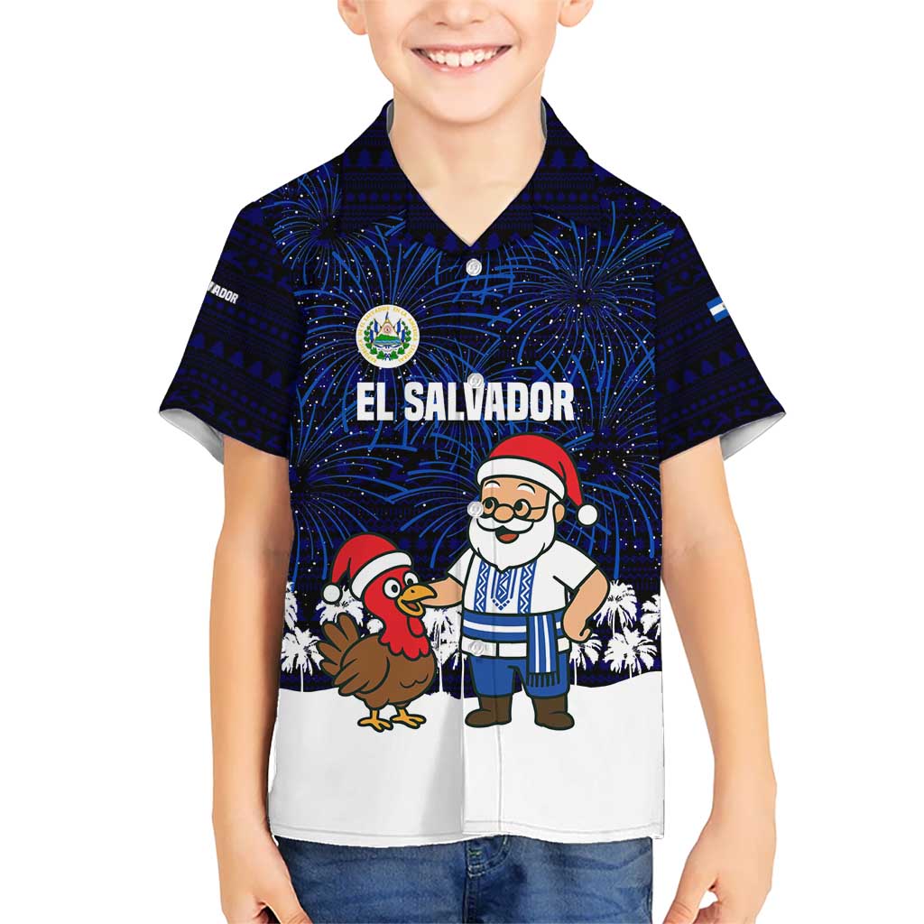 El Salvador Christmas Kid Hawaiian Shirt with Santa Claus Turkey Fireworks Palm Trees and National Emblem Design - Wonder Print Shop