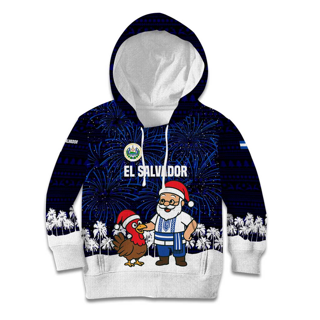 El Salvador Christmas Kid Hoodie with Santa Claus Turkey Fireworks Palm Trees and National Emblem Design - Wonder Print Shop