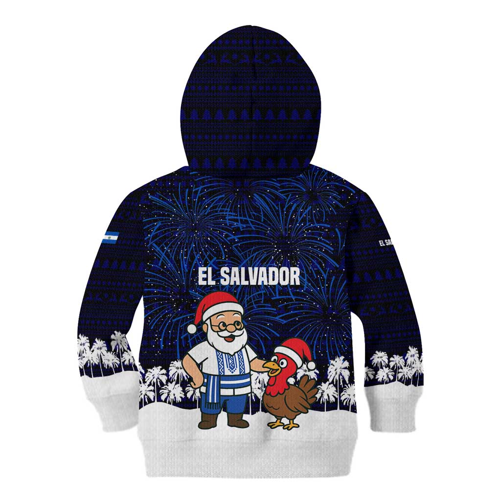 El Salvador Christmas Kid Hoodie with Santa Claus Turkey Fireworks Palm Trees and National Emblem Design - Wonder Print Shop