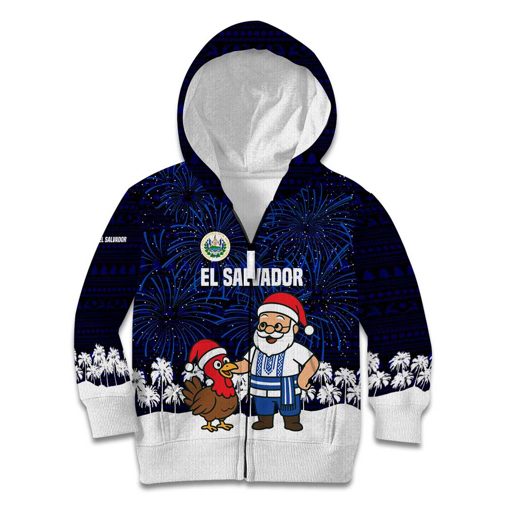 El Salvador Christmas Kid Hoodie with Santa Claus Turkey Fireworks Palm Trees and National Emblem Design - Wonder Print Shop