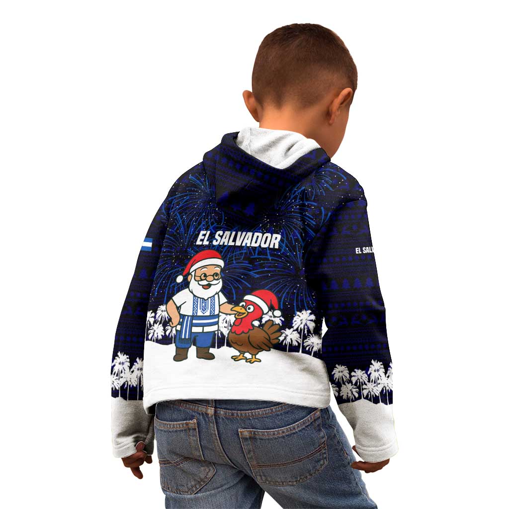 El Salvador Christmas Kid Hoodie with Santa Claus Turkey Fireworks Palm Trees and National Emblem Design - Wonder Print Shop