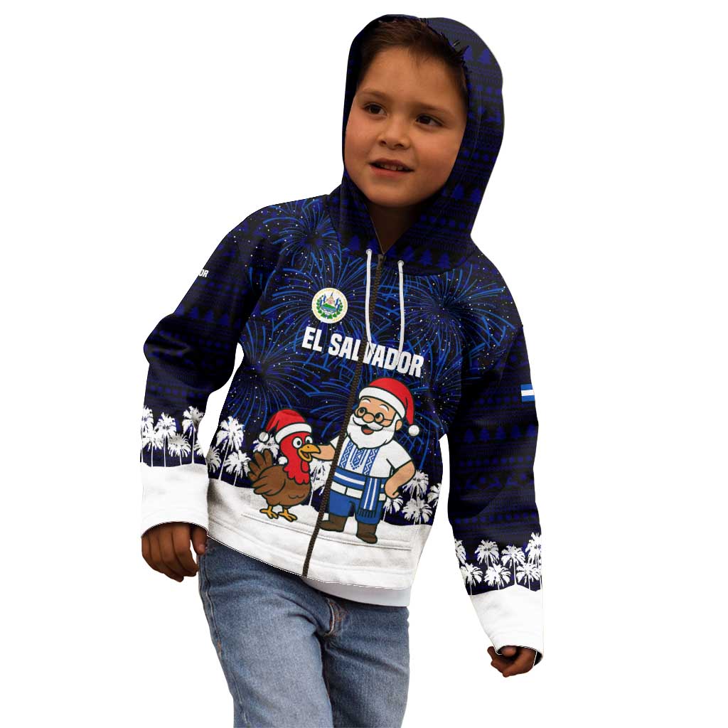 El Salvador Christmas Kid Hoodie with Santa Claus Turkey Fireworks Palm Trees and National Emblem Design - Wonder Print Shop