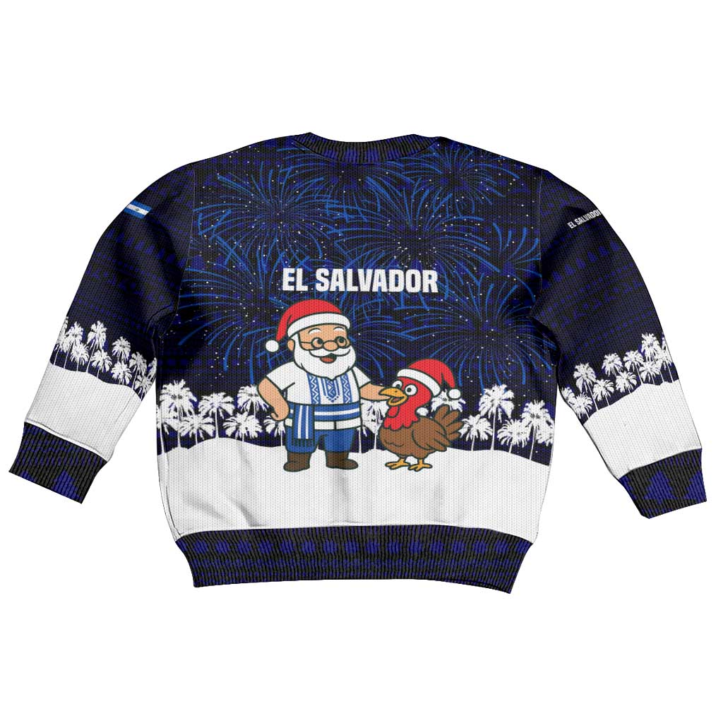 El Salvador Christmas Kid Ugly Christmas Sweater with Santa Claus Turkey Fireworks Palm Trees and National Emblem Design - Wonder Print Shop