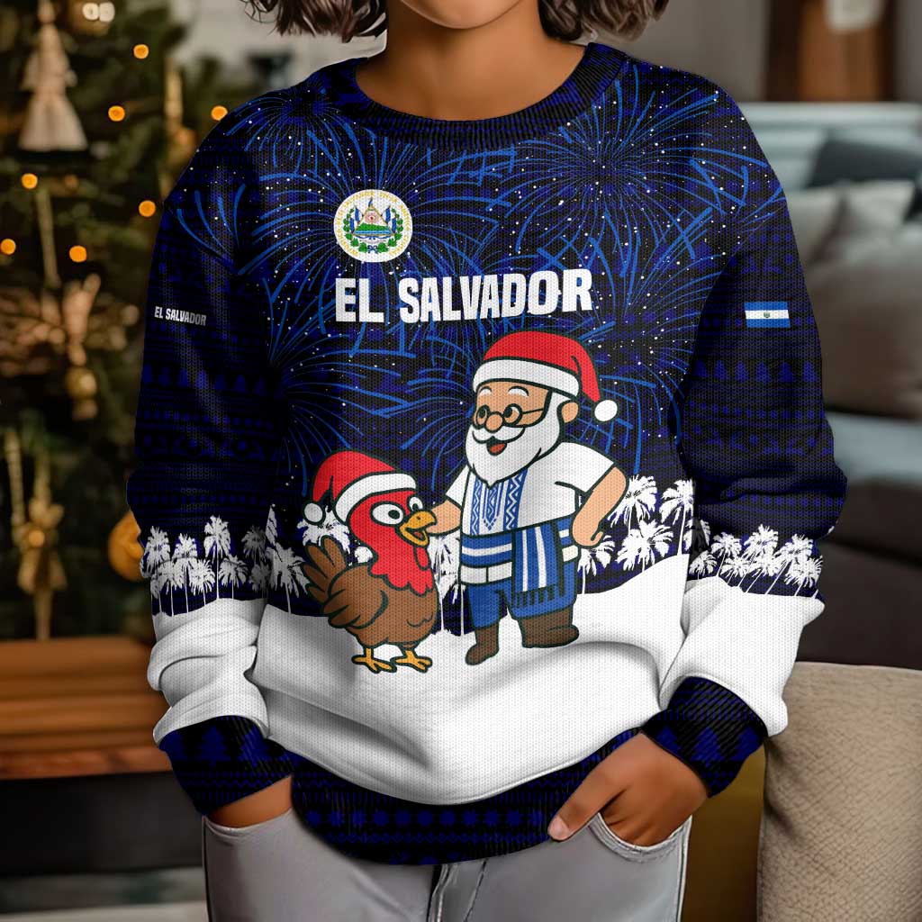 El Salvador Christmas Kid Ugly Christmas Sweater with Santa Claus Turkey Fireworks Palm Trees and National Emblem Design - Wonder Print Shop