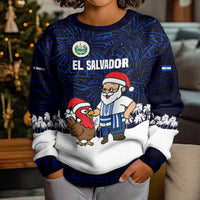 El Salvador Christmas Kid Ugly Christmas Sweater with Santa Claus Turkey Fireworks Palm Trees and National Emblem Design - Wonder Print Shop