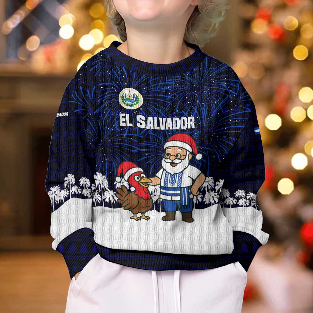 El Salvador Christmas Kid Ugly Christmas Sweater with Santa Claus Turkey Fireworks Palm Trees and National Emblem Design - Wonder Print Shop